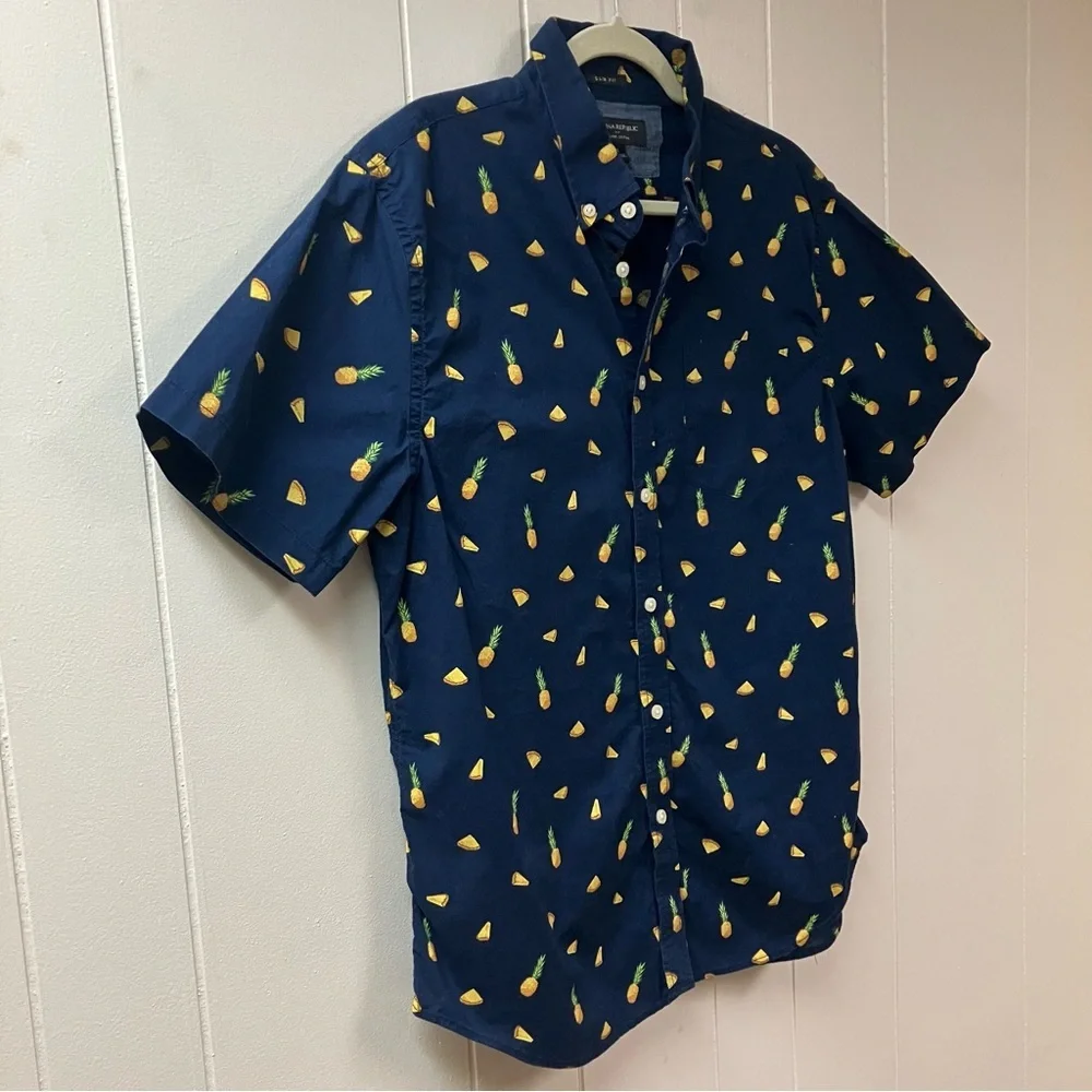 Banana Republic Pineapple Print Organic Cotton Shirt Mens Large Slim Fit Navy